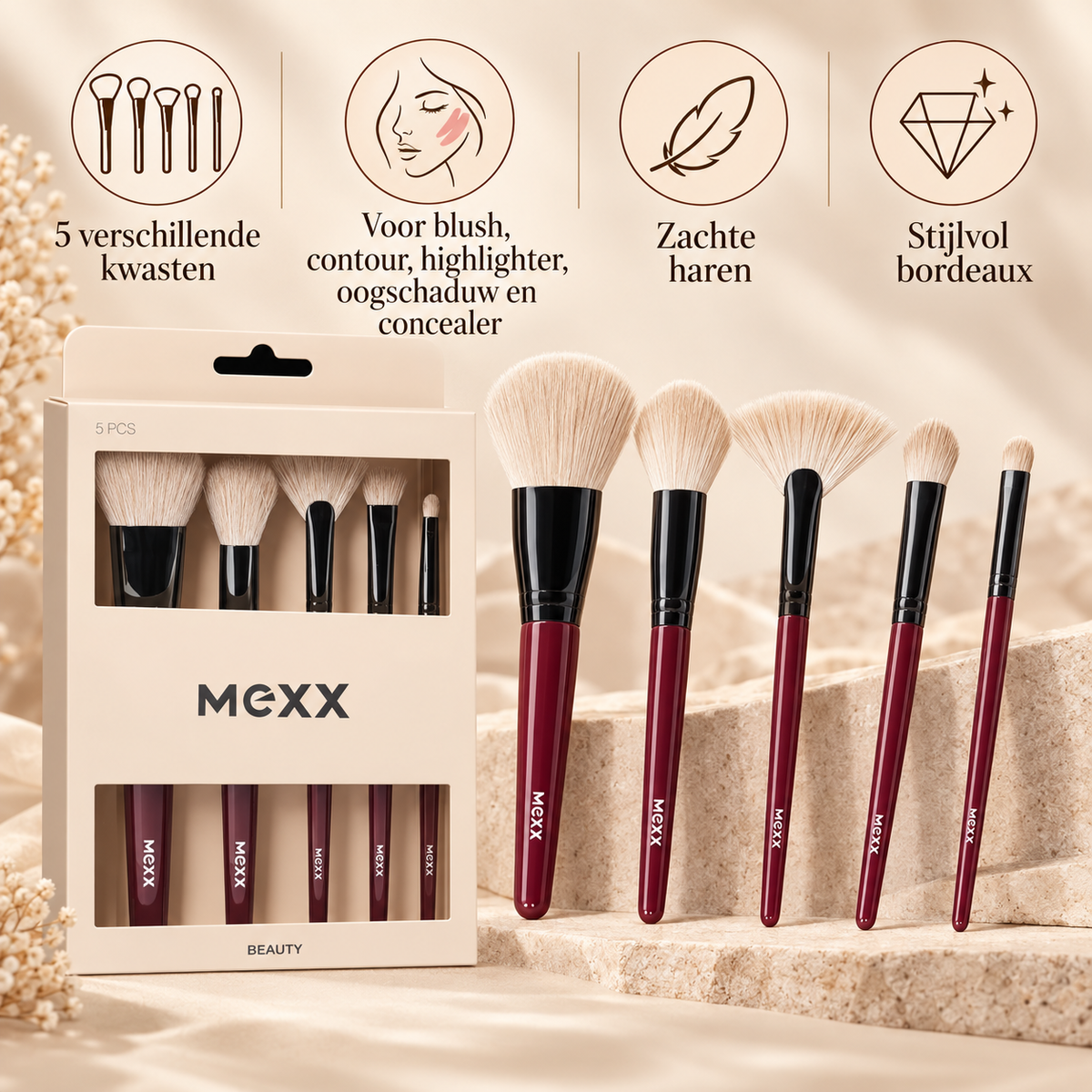 Mexx make up kwastenset voordelen 5 delig